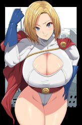 Rule 34 | 1girl, belt, blonde hair, blue eyes, blue gloves, bodysuit, breasts, cape, cityscape, cleavage, cleavage cutout, clenched hand, clothing cutout, dc comics, gloves, highres, huge breasts, kloah, looking at viewer, power girl, red cape, white bodysuit