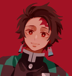 Rule 34 | 1boy, absurdres, black jacket, brown hair, checkered haori, commentary, earrings, highres, jacket, jewelry, kamado tanjirou, kimetsu no yaiba, looking at viewer, male focus, mogutofuoes, no lineart, parted lips, red background, red eyes, scar, scar on face, scar on forehead, short hair, simple background, solo, upper body