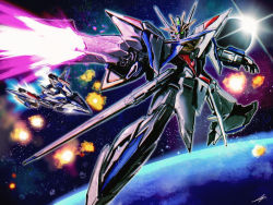 Rule 34 | earth (planet), eclipse, eclipse gundam, explosion, firing, gun, gundam, gundam seed, gundam seed eclipse, holding, holding gun, holding weapon, looking at viewer, mecha, mobile suit, multiple views, name connection, no humans, object namesake, open hand, planet, rae ariadne, robot, science fiction, v-fin, weapon