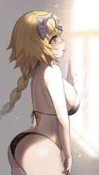 Rule 34 | 1girl, ass, black bra, black panties, blonde hair, blurry, blurry background, blush, bra, braid, breasts, commentary request, depth of field, fate/apocrypha, fate (series), from side, grey eyes, hand up, headpiece, highres, jeanne d&#039;arc (fate), jeanne d&#039;arc (ruler) (fate), large breasts, long hair, looking away, nail polish, nose blush, panties, parted lips, pink nails, profile, ripples, single braid, solo, suou-sensei, underwear, underwear only, very long hair