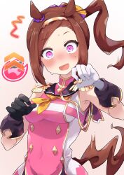 Rule 34 | 1girl, ^^^, animal ears, asymmetrical gloves, black gloves, blush, breasts, brown hair, embarrassed, epaulettes, gloves, hairband, hands up, highres, horse ears, horse girl, horse tail, impossible clothes, long hair, looking at viewer, mismatched gloves, neckerchief, nose blush, open mouth, pink eyes, ponytail, sakura bakushin o (umamusume), sleeveless, sleeveless jacket, small breasts, solo, sweat, tail, totomono, umamusume, upper body, white gloves, yellow neckerchief