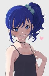 Rule 34 | 1girl, aikatsu!, aikatsu! (series), aqua scrunchie, arm at side, bare arms, bare shoulders, black camisole, black choker, blue eyes, blue hair, blush, camisole, choker, collarbone, commentary request, commission, earrings, flat chest, grey background, grin, hair ornament, hair scrunchie, hand up, heart, heart-shaped pupils, heart in eye, high ponytail, highres, jewelry, kiriya aoi, looking at viewer, necklace, osame, pendant, scrunchie, shade, short hair, side ponytail, sidelocks, simple background, skeb commission, smile, solo, spaghetti strap, steaming body, stud earrings, sweat, symbol-shaped pupils, symbol in eye, upper body