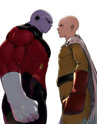 Rule 34 | 2boys, alien, angry, arms at sides, bald, black eyes, bodysuit, cape, clenched hands, closed mouth, crossover, dragon ball, dragon ball super, frown, glint, gloves, jiren, looking at another, male focus, multiple boys, muscular, no pupils, one-punch man, red gloves, saitama (one-punch man), simple background, standing, superhero costume, white background, white cape, yellow bodysuit