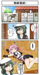 Rule 34 | 2girls, architecture, barefoot, cape, closed eyes, comic, east asian architecture, enemy lifebuoy (kancolle), eyepatch, green hair, hat, highres, house, kantai collection, kiso (kancolle), kiso kai ni (kancolle), multiple girls, no shoes, outdoors, purple hair, sailor hat, school uniform, short hair, short sleeves, sweat, tama (kancolle), tama kai ni (kancolle), translation request, tsukemon, wooden floor