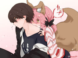 Rule 34 | 1boy, 1girl, animal ear fluff, animal ears, artist name, biting, black bow, black shirt, blush, bow, brown eyes, brown hair, collarbone, commentary request, eyebrows hidden by hair, eyelashes, fate/extra, fate/extra ccc, fate (series), fingernails, fox ears, fox girl, fox tail, hair between eyes, hair bow, hetero, hood, hoodie, kishinami hakuno (male), long hair, long sleeves, looking away, neck biting, open clothes, open shirt, osakana (rrg0123), pink hair, pink hoodie, shirt, sidelocks, sitting, sparkle, striped clothes, striped hoodie, tail, tamamo (fate), tamamo no mae (fate/extra), tamamo no mae (spring casual) (fate), tsukumihara academy uniform (fate/extra ccc), twitter username, yellow eyes