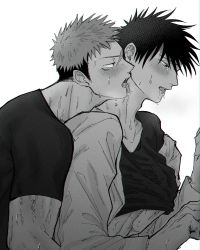 Rule 34 | 2boys, collarbone, commentary request, crying, facial mark, fushiguro megumi, fushirun rung, grabbing, grabbing from behind, groping, hand under clothes, hand under shirt, highres, itadori yuuji, jujutsu kaisen, lab coat, licking, licking another&#039;s neck, long sleeves, looking at another, male focus, monochrome, multiple boys, muscular, muscular male, scar, scar on face, shirt, short hair, short sleeves, spiked hair, sweat, tongue, tongue out, undercut, veins, yaoi