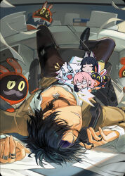 1boy 3girls animal_ears asaba_harumasa bangboo_(zenless_zone_zero) belt black_choker black_footwear black_hair black_necktie black_pants brown_jacket chair choker closed_eyes collared_jacket collared_shirt comcom_(comcomhey) corded_phone desk eous_(zenless_zone_zero) fallen_down flying_sweatdrops fox_ears fox_girl highres holding holding_phone horns hoshimi_miyabi jacket jewelry loose_necktie male_focus multiple_girls necktie office_chair oni pants paper phone pink_hair ring shirt short_hair smile soukaku_(zenless_zone_zero) swivel_chair thigh_belt thigh_strap tsukishiro_yanagi white_hair white_shirt zenless_zone_zero