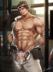 Rule 34 | 1boy, abs, alternate costume, anjingkuxiao, ardbert hylfyst, bandaid, bandaids on nipples, bara, bare pectorals, brown hair, bulge, facial hair, final fantasy, flaccid, fundoshi, goatee, hachimaki, headband, highres, japanese clothes, large pectorals, looking at viewer, male focus, male pubic hair, male underwear, mature male, muscular, muscular male, navel, navel hair, nipples, one eye closed, overalls, pasties, pectorals, penis, penis peek, pubic hair, short hair, solo, stomach, suspenders, thick thighs, thighs, underwear, undressing, wet, wet clothes, wet male underwear, white male underwear
