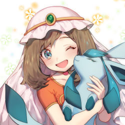 Rule 34 | 1girl, ;d, blush, brown hair, collarbone, commentary request, creatures (company), eyelashes, game freak, gen 4 pokemon, glaceon, green eyes, hands up, holding, holding pokemon, may (pokemon), medium hair, nintendo, one eye closed, open mouth, pokemon, pokemon (anime), pokemon (creature), pokemon dppt (anime), short sleeves, smile, tongue, upper body, veil, zuizi