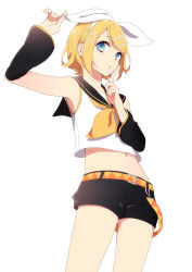 Rule 34 | 1girl, arm up, belt, blonde hair, blue eyes, bow, detached sleeves, eyelashes, finger to mouth, hair bow, hair ornament, hairclip, highres, jam (zamuchi), kagamine rin, navel, sailor collar, short hair, shorts, simple background, solo, thighs, vocaloid