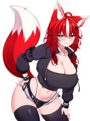 Rule 34 | 1girl, 5danny1206, absurdres, ahoge, animal ear fluff, animal ears, black thighhighs, borrowed character, breasts, cleavage, commentary, commission, cropped jacket, fox ears, fox girl, fox tail, green eyes, hair between eyes, highres, jacket, large breasts, leaning forward, long hair, long sleeves, multicolored fur, multicolored hair, navel, open clothes, open jacket, original, red fur, red hair, short shorts, shorts, smile, solo, standing, strapless, symbol-only commentary, tail, thighhighs, tube top, white fur, white hair