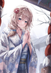 Rule 34 | 1girl, absurdres, bangle, bare tree, bird, blue eyes, bracelet, branch, brown hair, chabi, closed mouth, commentary, floral print, flower, fur-trimmed kimono, fur trim, grey kimono, hair between eyes, hair flower, hair ornament, hair over shoulder, hair scrunchie, hands up, hatsumoude, highres, japanese clothes, jewelry, kimono, long hair, long sleeves, low ponytail, new year, obi, original, own hands together, palms together, praying, print kimono, red flower, sash, scrunchie, short ponytail, shrine, side ponytail, sidelocks, smile, tree, wide sleeves