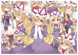 Rule 34 | 1girl, blonde hair, blush, bow, breasts, dress, elbow gloves, embarrassed, expressions, gloves, half-closed eyes, hammer (sunset beach), hat, large breasts, long hair, mob cap, open mouth, parasol, purple dress, purple eyes, smile, solo, tabard, tears, torn clothes, torn dress, torn tabard, touhou, umbrella, very long hair, wavy mouth, white gloves, wide-eyed, yakumo yukari
