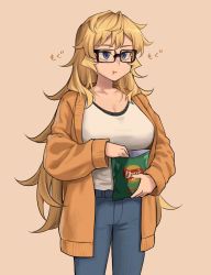 Rule 34 | 1girl, :t, black-framed eyewear, blonde hair, blue eyes, blue pants, breasts, cardigan, chips (food), cleavage, commentary, eating, english commentary, food, furi2play!, glasses, highres, large breasts, lay&#039;s (potato chips), long hair, margit hartmann, messy hair, open cardigan, open clothes, orange cardigan, pants, peach88, potato chips, solo
