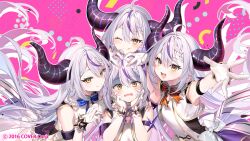 Rule 34 | 1girl, ahoge, blue bow, blue bowtie, bow, bowtie, braid, closed mouth, demon girl, demon horns, floating hair, gloves, grey hair, hair between eyes, heart, heart hands, hololive, hololive idol uniform, hololive idol uniform (bright), horns, la+ darknesss, long hair, looking at another, looking at viewer, multicolored hair, official alternate costume, official art, one eye closed, open mouth, orange bow, orange bowtie, purple bow, purple bowtie, purple hair, riichu, smile, streaked hair, striped bow, striped bowtie, striped clothes, tongue, tongue out, virtual youtuber, white gloves, yellow eyes
