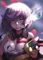 Rule 34 | 1girl, bad id, bad pixiv id, black gloves, blurry, blurry background, breasts, cigarette, cigarette pack, collared shirt, girls&#039; frontline, glasses, gloves, headphones, holding, holding cigarette pack, necktie, red eyes, shirt, short hair, silver hair, smoke, smoking, suou-sensei, thompson (girls&#039; frontline)