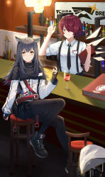 Rule 34 | 2girls, absurdres, alcohol, animal ears, arknights, bar stool, black gloves, black hair, black legwear, black necktie, black skirt, bottle, clipboard, closed mouth, cup, drinking glass, exusiai (arknights), fingerless gloves, full body, gloves, guitar, hair over one eye, halo, highres, holding, holding clipboard, hy199802, indoors, instrument, jacket, long hair, long sleeves, looking at viewer, multiple girls, necktie, polo shirt, red hair, red wine, shirt, shoes, short hair, short sleeves, sitting, skirt, smile, sneakers, stool, texas (arknights), white jacket, white shirt, wine, wine bottle, wine glass, wings, wolf ears, wolf girl, yellow eyes