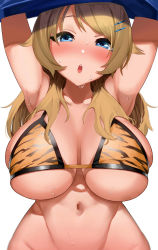 Rule 34 | 1girl, absurdres, animal print, apple (ygbhjdbiulsg), armpits, arms up, blonde hair, blue eyes, blush, bra, breasts, cleavage, hachimiya meguru, highres, huge breasts, idolmaster, idolmaster shiny colors, large breasts, looking at viewer, messy hair, navel, no panties, open mouth, out-of-frame censoring, sidelocks, simple background, sweat, tiger print, tiger stripes, underwear, undressing, upper body, white background