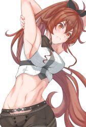 Rule 34 | 1girl, aged up, ahoge, armpits, arms behind head, arms up, bare shoulders, black ribbon, blush, breasts, brown shorts, closed mouth, commentary request, cowboy shot, crop top, crossed bangs, eris greyrat, frown, groin, hair between eyes, hair ribbon, highres, large breasts, long hair, looking at viewer, midriff, mushoku tensei, navel, ponytail, red eyes, red hair, ribbon, saico isshin, shirt, shorts, sideboob, sidelocks, simple background, sleeveless, sleeveless shirt, solo, standing, thick eyebrows, twisted torso, very long hair, white background, white shirt