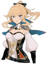 Rule 34 | 1girl, belt, blonde hair, blue eyes, breasts, capelet, cleavage, cross, cross earrings, detached collar, detached sleeves, earrings, genshin impact, hair ribbon, highres, jean (genshin impact), jewelry, long hair, looking at viewer, medium breasts, mogomaco, parted lips, ponytail, puffy sleeves, ribbon, sidelocks, simple background, solo, white background