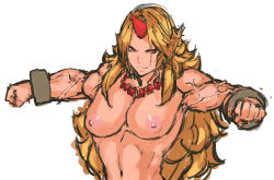 Rule 34 | 1girl, blonde hair, breasts, clenched hand, clenched hands, cuffs, highres, horns, hoshiguma yuugi, jewelry, large breasts, long hair, looking at viewer, muscular, nameo (judgemasterkou), navel, necklace, nipples, nude, outstretched arms, red eyes, shackles, simple background, single horn, sketch, smirk, solo, spread arms, touhou, upper body, veins, white background