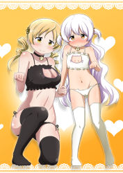 Rule 34 | 10s, 2girls, 3:, abutomato, bare shoulders, bell, black bra, black legwear, black panties, blonde hair, blush, bra, breasts, cameltoe, cat cutout, cat ear panties, cat lingerie, choker, cleavage, cleavage cutout, clothing cutout, collar, flat chest, heart, heart background, highres, holding hands, jingle bell, large breasts, lingerie, long hair, mahou shoujo madoka magica, mahou shoujo madoka magica: hangyaku no monogatari, meme attire, momoe nagisa, multiple girls, navel, neck bell, no shoes, on one knee, panties, paw pose, side-tie panties, simple background, size difference, smile, thighhighs, tomoe mami, two side up, underwear, underwear only, very long hair, wavy hair, white bra, white hair, white legwear, white panties, yellow background, yellow eyes