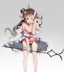 Rule 34 | 1girl, ;d, absurdres, ahoge, animal ears, arknights, bikini, blush, breasts, bridal garter, brown hair, collar, eyjafjalla (arknights), feet out of frame, flower, gradient background, grey background, hair bun, hair flower, hair ornament, highres, holding, holding staff, horns, leaning forward, long hair, looking at viewer, one eye closed, open mouth, plaid, plaid bikini, red eyes, sheep ears, sheep girl, sheep horns, single side bun, small breasts, smile, solo, staff, swimsuit, thigh scrunchie, winku