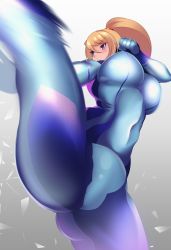 Rule 34 | 1girl, blonde hair, blue eyes, blush, bodysuit, breasts, highres, impossible clothes, kicking, large breasts, metroid, nintendo, open mouth, ponytail, samus aran, solo, tight clothes, volyz, zero suit