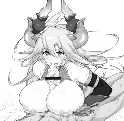 Rule 34 | &gt;:p, 10s, 1boy, 1girl, :p, ass, bar censor, bare shoulders, blush, breasts, breasts out, censored, cum, draph, fellatio, granblue fantasy, greyscale, hair between eyes, heart, heart-shaped pupils, hetero, highres, horns, huge breasts, large penis, long hair, monochrome, nipples, oral, otuka, paizuri, penis, pointless censoring, smile, solo focus, sweat, symbol-shaped pupils, threo (granblue fantasy), tongue, tongue out, v-shaped eyebrows