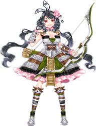 Rule 34 | &gt;:d, 1girl, :d, arrow (projectile), black hair, bow (weapon), breasts, cleavage, copyright name, drill hair, flower, full body, hair flower, hair ornament, holding, holding bow (weapon), holding weapon, komakiyama (oshiro project), large breasts, official art, open mouth, oshiro project:re, oshiro project:re, quiver, red eyes, ririkuto, skirt, sleeve cuffs, sleeveless, smile, transparent background, twin drills, twintails, v-shaped eyebrows, wavy hair, weapon