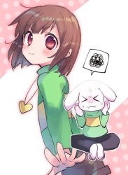Rule 34 | &gt; &lt;, 1boy, 1girl, asriel dreemurr, black pants, brown hair, brown shorts, chara (undertale), closed eyes, from side, goat boy, gold necklace, green sweater, heart, heart necklace, jewelry, looking at viewer, looking back, necklace, pants, pink background, red eyes, shorts, sitting, smile, striped clothes, striped sweater, sweater, undertale, white background, xox xxxxxx