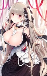Rule 34 | 1girl, azur lane, black bow, black dress, black nails, blurry, bow, breasts, cleavage, collarbone, commentary request, detached collar, dress, earrings, flight deck, formidable (azur lane), frilled dress, frills, grey hair, hair bow, hand up, highres, holding, holding hair, jewelry, large breasts, long hair, long sleeves, looking at viewer, nail polish, red eyes, red ribbon, ribbon, shiira (nya rl), solo, twintails, very long hair
