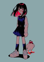 Rule 34 | 1girl, animal, arms at sides, belt, bird, black hair, blue background, blue skirt, blue socks, bow, bowtie, bucky (chainsaw man), chainsaw man, chicken, clenched hands, closed mouth, collar, collared shirt, colored inner hair, cross scar, facial scar, full body, headless, highres, kneehighs, long skirt, long sleeves, looking at viewer, medium hair, menma (enaic31), multicolored hair, pink eyes, pink hair, red bow, red bowtie, ringed eyes, scar, scar on cheek, scar on face, school uniform, shadow, shirt, shoes, simple background, skirt, smile, socks, standing, white collar, white footwear, yoru (chainsaw man)
