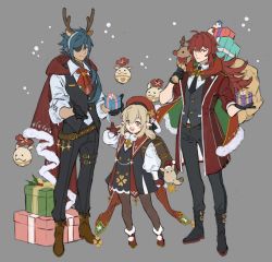 Rule 34 | 1girl, 2boys, alternate costume, animal ears, antlers, backpack, bag, black footwear, black gloves, black necktie, black pants, black pantyhose, black vest, blonde hair, blue eyes, blue hair, boots, box, brown footwear, christmas, closed mouth, coat, commentary, dark-skinned male, dark skin, diluc (genshin impact), dodoco (genshin impact), dress, genshin impact, gift, gift box, gloves, grey background, hair between eyes, highres, holding, holding gift, holding sack, horns, kaeya (genshin impact), klee (genshin impact), long hair, low twintails, multicolored hair, multiple boys, necktie, open mouth, pants, pantyhose, papajay (jennygin2), pointy ears, pom pom (clothes), ponytail, red coat, red eyes, red footwear, red gloves, red hair, sack, shirt, sidelocks, simple background, standing, streaked hair, symbol-only commentary, twintails, vest, white shirt