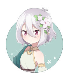 Rule 34 | 1girl, antenna hair, bare shoulders, blush, closed mouth, collarbone, cropped torso, detached sleeves, dress, floral background, flower, green background, hair between eyes, hair flower, hair ornament, highres, kokkoro (princess connect!), lizi, pointy ears, princess connect!, red eyes, short hair, silver hair, sleeveless, sleeveless dress, smile, solo, split mouth, two-tone background, upper body, white background, white dress, white flower