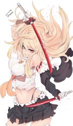 Rule 34 | 1girl, blonde hair, character request, dagger, dual wielding, gloves, highres, holding, knife, long hair, midriff, miniskirt, necktie, red eyes, sigama, simple background, skirt, smile, solo, sword, weapon, white background