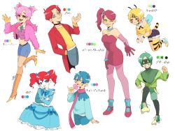 Rule 34 | 3boys, 4girls, blue dress, boogie bot, boots, breasts, bron (poppy playtime), candy, candy cat, cat-bee, cleavage, coat, colored skin, crossed arms, dress, food, fur coat, gloves, high heel boots, high heels, highres, humanization, kissy missy, lipstick, long hair, makeup, mommy long legs, multiple boys, multiple girls, off shoulder, one eye closed, personification, pink skin, poppy playtime, poppy playtime (character), red hair, scarf, side ponytail, simple background, twintails, white background, wings, wink
