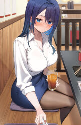 Rule 34 | 1girl, 1other, absurdres, bar (place), black pantyhose, blue eyes, blue hair, blue skirt, blush, breasts, chopsticks, cleavage, closed mouth, collarbone, collared shirt, colored inner hair, cup, drink, drunk, highres, holding, holding cup, holding drink, ice, ice cube, indoors, large breasts, miniskirt, mole, mole on breast, multicolored hair, office lady, original, pantyhose, pencil skirt, plate, purple hair, shirt, skirt, solo focus, udon (udonalium), white shirt
