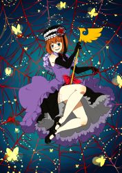 Rule 34 | 1girl, ai-wa, aiwatan, bad id, bad pixiv id, bare shoulders, black gloves, blue eyes, bow, breasts, bug, butterfly, dress, elbow gloves, eva beatrice, fang, flower, frills, gloves, grin, hat, bug, legs, mary janes, orange hair, red flower, red rose, ribbon, rose, shoes, silk, small breasts, smile, solo, spider web, staff, umineko no naku koro ni