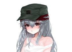 Rule 34 | 1girl, bad id, bad pixiv id, bare shoulders, blush, brown eyes, collarbone, commentary request, dokomon, flat cap, g11 (girls&#039; frontline), girls&#039; frontline, green hat, hair between eyes, hat, highres, korean commentary, long hair, parted lips, shirt, silver hair, simple background, solo, strap slip, tank top, white background, white shirt
