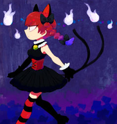 Rule 34 | animal ears, bad id, bad pixiv id, bell, black dress, bow, braid, cat ears, corset, dress, from side, furukawa (yomawari), gloves, hair bow, hitodama, kaenbyou rin, multiple tails, red hair, smile, solo, striped clothes, striped thighhighs, tail, thighhighs, touhou, two tails