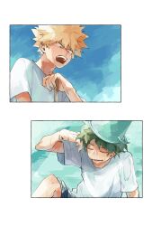Rule 34 | 2boys, 2koma, alternate eye color, annoyed, blonde hair, blue pants, blue sky, blush, boku no hero academia, brown eyes, bucket, bucket on head, closed eyes, collarbone, comic, day, dokka p, embarrassed, eyebrows hidden by hair, freckles, green hair, hair between eyes, hand rest, hand up, highres, knee up, looking at another, looking down, lower teeth only, male focus, midoriya izuku, multiple boys, object on head, on floor, open mouth, outdoors, panels, pants, pants rolled up, sanpaku, scar, scar on arm, scar on hand, shirt, short hair, short sleeves, sitting, sky, spiked hair, teeth, upper body, upper teeth only, v-shaped eyebrows, water drop, wet, wet clothes, wet floor, wet hair, wet shirt, white background, white shirt