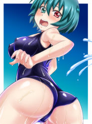 Rule 34 | 1girl, ass, back, blue eyes, blue hair, breasts, ebi 193, covered erect nipples, heterochromia, large breasts, looking back, matching hair/eyes, one-piece swimsuit, open mouth, red eyes, school swimsuit, short hair, solo, swimsuit, tatara kogasa, touhou, water, wedgie, wet, wet clothes, wet swimsuit