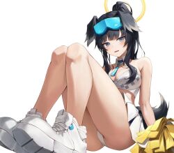 Rule 34 | 1girl, animal ears, ass, bare legs, bare shoulders, black hair, blue archive, blue eyes, breasts, cheerleader, cleavage, crop top, detached collar, dog ears, dog girl, dog tail, eyewear on head, facial mark, goggles, goggles on head, halo, halterneck, hibiki (blue archive), hibiki (cheer squad) (blue archive), holding, holding pom poms, large breasts, long hair, looking at viewer, millennium cheerleader outfit (blue archive), official alternate costume, on floor, open mouth, panties, pom pom (cheerleading), pom poms, ponytail, safety glasses, sarika, shoes, skirt, sneakers, solo, star (symbol), star facial mark, star sticker, sticker on face, tail, text print, underwear, upskirt, white background, white footwear, white panties, yellow halo