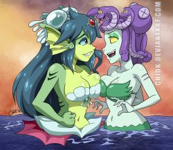 Rule 34 | 2girls, cala maria (cuphead), colored skin, crossover, cuphead (game), fins, forked tongue, from side, giga mermaid, gills, green skin, head fins, mermaid, monster girl, multiple girls, navel, open mouth, outdoors, partially submerged, red eyes, shantae: half-genie hero, shantae (series), shell, shell bikini, snake hair, tongue, water, watermark, web address