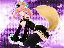 Rule 34 | 10s, 1girl, animal ears, bad id, bad pixiv id, black thighhighs, breasts, center opening, cleavage, detached sleeves, fate/extra, fate/extra ccc, fate (series), fox ears, fox tail, hair ribbon, hat, long hair, medium breasts, official alternate costume, pink hair, ribbon, s-ei, smile, solo, tail, tamamo (fate), tamamo no mae (fate/extra), tamamo no mae (sable mage) (fate), thighhighs, twintails, yellow eyes