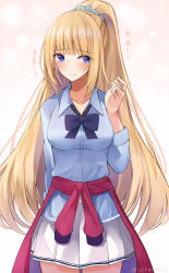 Rule 34 | 1girl, absurdres, arm at side, black bow, blonde hair, blue eyes, blue shirt, blunt bangs, blush, bow, breasts, clothes around waist, collarbone, commentary request, cowboy shot, gradient background, hair ornament, hand up, highres, karuizawa kei, long hair, long sleeves, looking at viewer, playing with own hair, pleated skirt, ponytail, scrunchie, shirt, skirt, smile, solo, standing, sukuemon, sweater, sweater around waist, translation request, very long hair, white skirt, youkoso jitsuryoku shijou shugi no kyoushitsu e