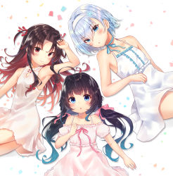 Rule 34 | 3girls, bare shoulders, black hair, blue choker, blue eyes, blue hair, blush, bow, braid, choker, collarbone, commentary request, dress, frilled dress, frills, gyozanuko, hair between eyes, hair bow, hair ornament, hair ribbon, hairband, highres, hinatsuru ai, long hair, low twintails, lying, multicolored hair, multiple girls, off-shoulder dress, off shoulder, on back, parted bangs, pink bow, pink dress, puffy short sleeves, puffy sleeves, red eyes, red hair, red ribbon, ribbon, ribbon choker, ryuuou no oshigoto!, short sleeves, sleeveless, sleeveless dress, snowflake hair ornament, sora ginko, twintails, two-tone hair, two side up, very long hair, white dress, white hairband, yashajin ai