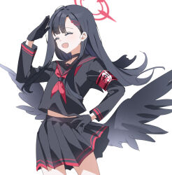Rule 34 | 1girl, :d, armband, black choker, black gloves, black hair, black sailor collar, black skirt, black wings, blue archive, choker, closed eyes, gloves, hair ornament, hairclip, hand on own hip, highres, ichika (blue archive), long hair, low wings, neckerchief, nekoln, open mouth, pleated skirt, red armband, red neckerchief, sailor collar, school uniform, simple background, skirt, smile, solo, wings