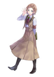 Rule 34 | 1girl, :d, absurdres, arm behind back, arm up, armband, atelier (series), atelier rorona, black legwear, blue eyes, book, boots, brown hair, brown skirt, buttons, dress shirt, esty erhard, female focus, flat chest, full body, hair ornament, hairclip, high heels, highres, jewelry, kishida mel, long skirt, looking at viewer, necktie, official art, open clothes, open mouth, open vest, pendant, pleated skirt, salute, shirt, shoes, short hair, skirt, smile, solo, standing, swept bangs, vest, waving, white background